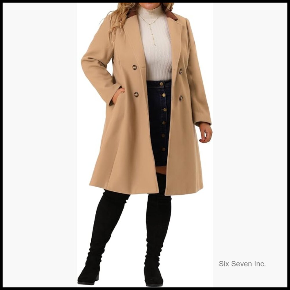 Long Pea Coat with Notched Lapel, Double Breasted, Winter Warm